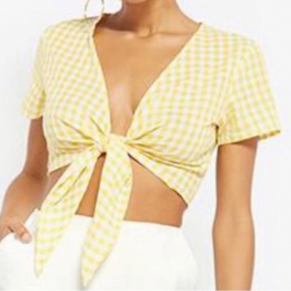Yellow Gingham Tie-Front Crop Top